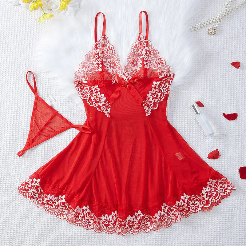 Sexy Nightgown Set Women Dress Sling Sleepwear Elegant Costume Embroidered Dresses Bright Color Pajama Set With Thongs Baby Doll