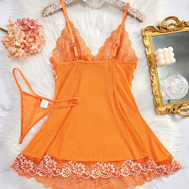 Sexy Nightgown Set Women Dress Sling Sleepwear Elegant Costume Embroidered Dresses Bright Color Pajama Set With Thongs Baby Doll