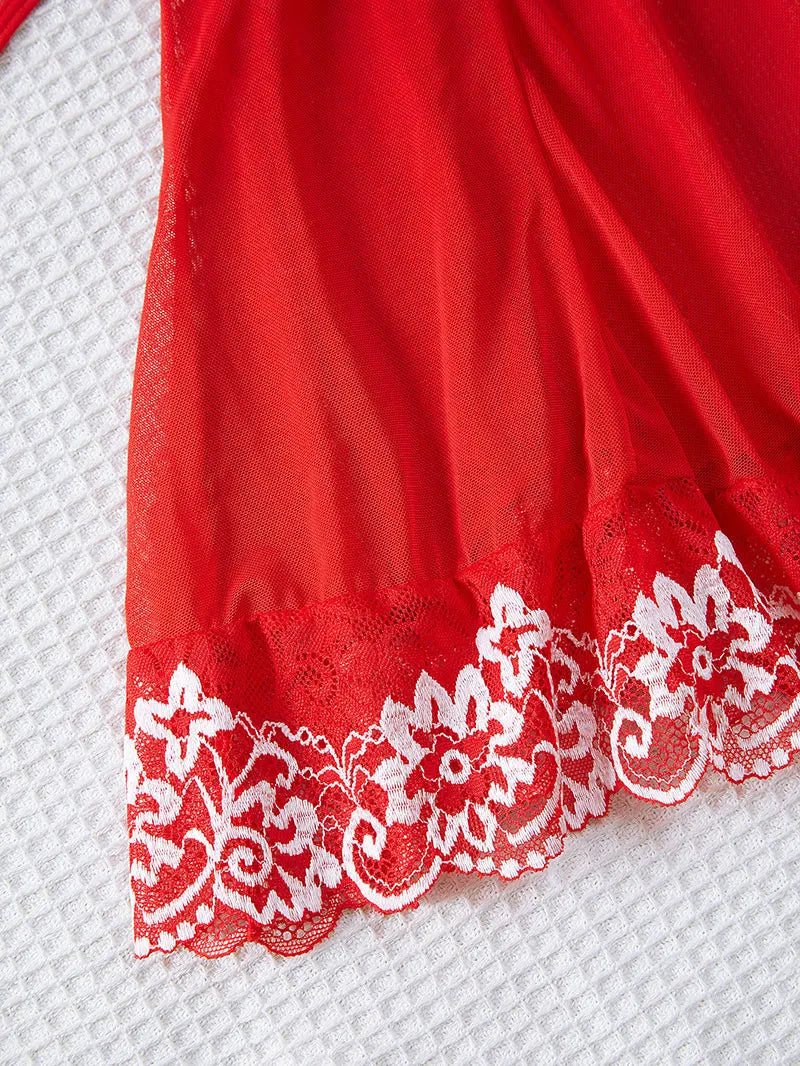 Sexy Nightgown Set Women Dress Sling Sleepwear Elegant Costume Embroidered Dresses Bright Color Pajama Set With Thongs Baby Doll