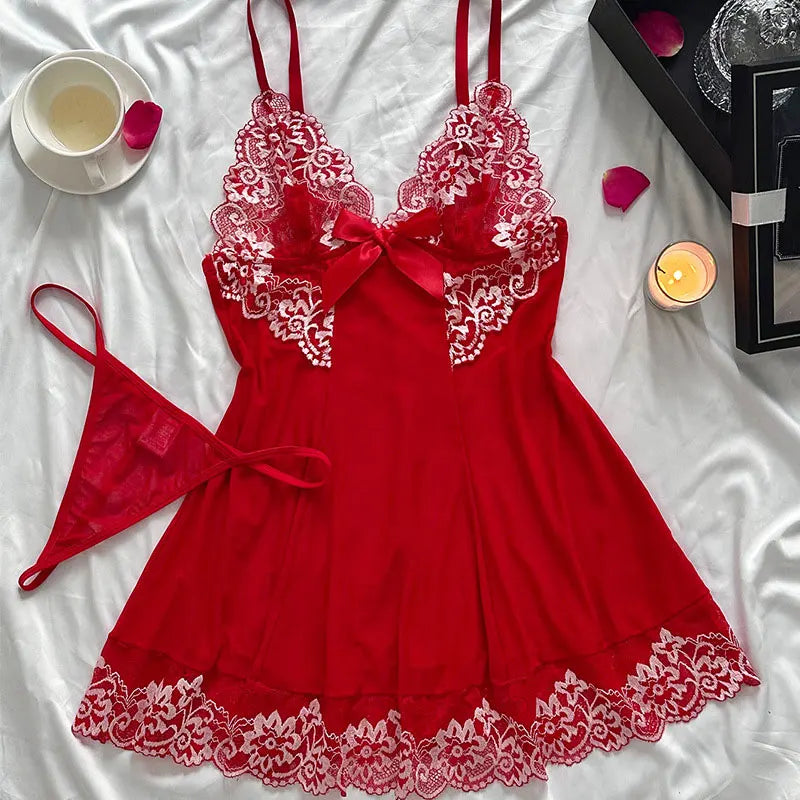 Sexy Nightgown Set Women Dress Sling Sleepwear Elegant Costume Embroidered Dresses Bright Color Pajama Set With Thongs Baby Doll