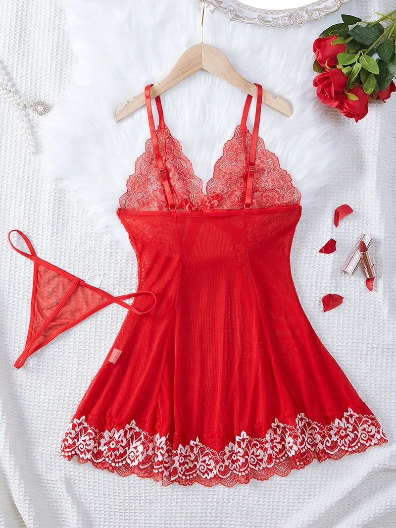 Sexy Nightgown Set Women Dress Sling Sleepwear Elegant Costume Embroidered Dresses Bright Color Pajama Set With Thongs Baby Doll