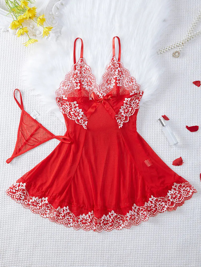 Sexy Nightgown Set Women Dress Sling Sleepwear Elegant Costume Embroidered Dresses Bright Color Pajama Set With Thongs Baby Doll