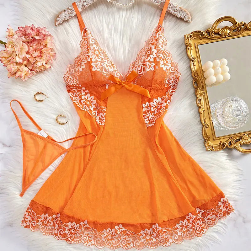 Sexy Nightgown Set Women Dress Sling Sleepwear Elegant Costume Embroidered Dresses Bright Color Pajama Set With Thongs Baby Doll