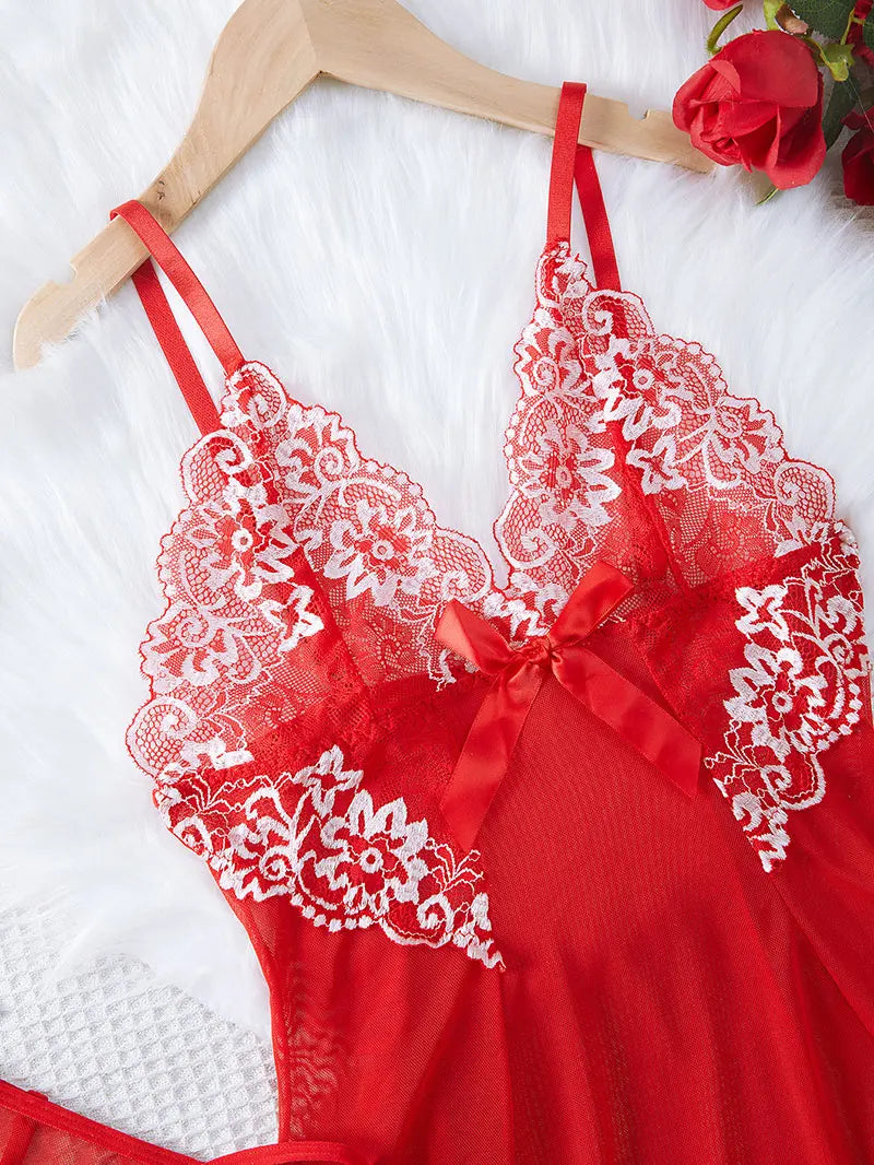 Sexy Nightgown Set Women Dress Sling Sleepwear Elegant Costume Embroidered Dresses Bright Color Pajama Set With Thongs Baby Doll