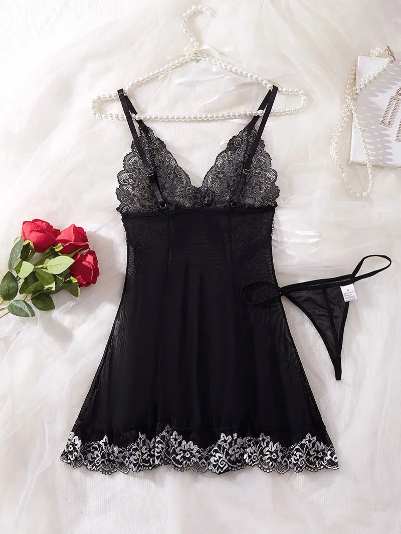 Sexy Nightgown Set Women Dress Sling Sleepwear Elegant Costume Embroidered Dresses Bright Color Pajama Set With Thongs Baby Doll
