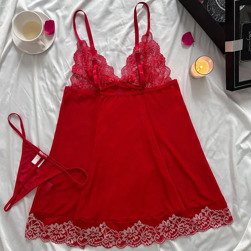Sexy Nightgown Set Women Dress Sling Sleepwear Elegant Costume Embroidered Dresses Bright Color Pajama Set With Thongs Baby Doll