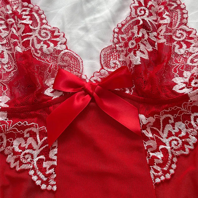 Sexy Nightgown Set Women Dress Sling Sleepwear Elegant Costume Embroidered Dresses Bright Color Pajama Set With Thongs Baby Doll